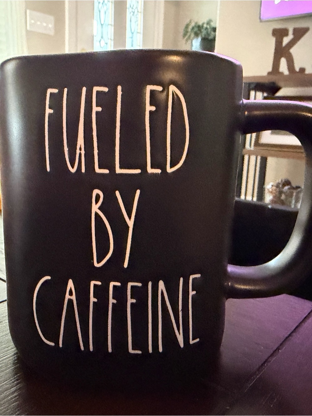 Rae Dunn Black Mug with White "Fueled By Caffeine" Lettering